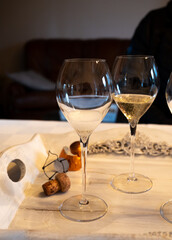 Tasting of cold brut Champagne sparkling wine in cellars of gran cru wine house in near Reims, wine tour in Champagne, France