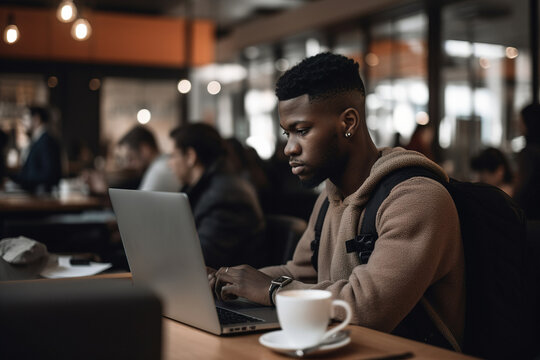 Young dark skinned man enjoying a cup of coffee in a coffee shop, while working on his laptop. Generative ai