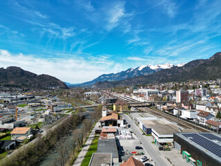 Fototapeta na wymiar view of the city of Bludenz from the air, alpine landscape, spring