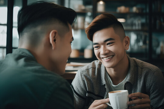 Young attractive LGBT gay couple drink coffee have a rest in cozy loft coffee shop. Generative ai