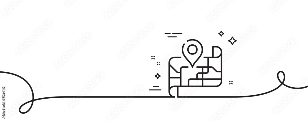 Poster map line icon. continuous one line with curl. place pin sign. road trip symbol. map single outline r
