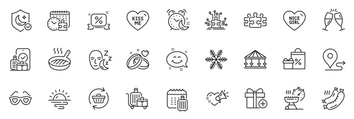Fototapeta na wymiar Icons pack as Puzzle, Journey and Add gift line icons for app include Love glasses, Puzzle time, Refresh cart outline thin icon web set. Baggage cart, Carousels, Grilled sausage pictogram. Vector
