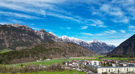 Fototapeta na wymiar view of the city of Bludenz from the air, alpine landscape, spring