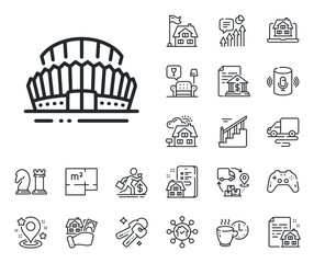 Arena sign. Floor plan, stairs and lounge room outline icons. Sports stadium line icon. Sport complex symbol. Sports stadium line sign. House mortgage, sell building icon. Real estate. Vector