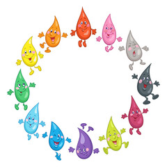 Group of funny colored drops falling in a circle. In cartoon style. Round frame. Isolated on white background. Place for your text. Vector illustration.