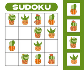 Kids sudoku game 4x4 worksheet from cute cactuses in zentangle pots.