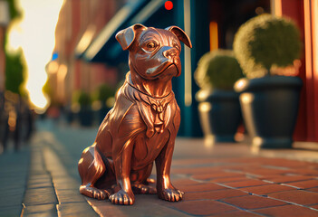 statue of a copper dog on the street. ai generated - obrazy, fototapety, plakaty