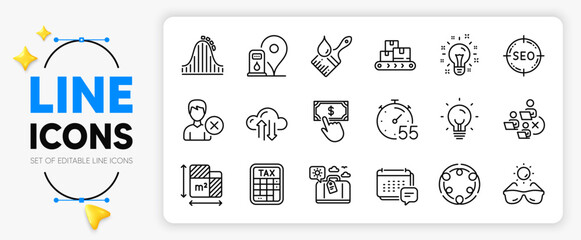 Inclusion, Roller coaster and Energy line icons set for app include Payment click, Idea, Remove account outline thin icon. Cloud sync, Tax calculator, Brush pictogram icon. Seo, Timer. Vector