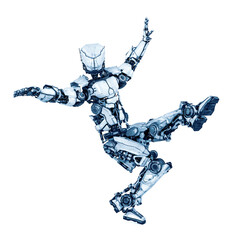 mega robot is doing a happy dance in white background
