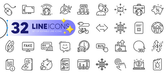 Outline set of Buy button, Card and Book car line icons for web with Computer, Delete file, Survey results thin icon. Cardboard box, Windmill turbine, Dollar rate pictogram icon. Vector