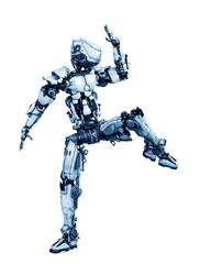 mega robotin is doing some kung fu fighting on white background top view