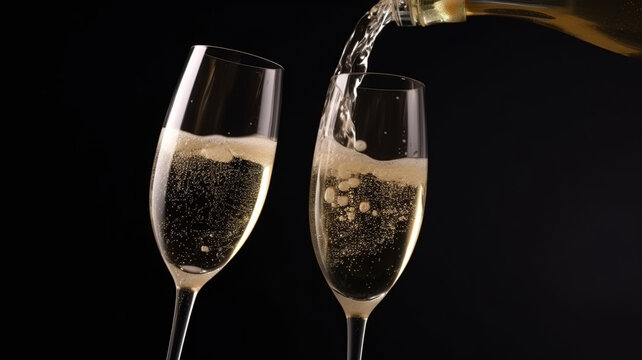 Pouring sparkling champagne wine in glasses, Celebration toast on a black background