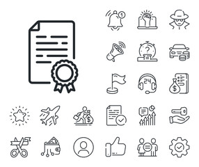Document file page sign. Salaryman, gender equality and alert bell outline icons. Certificate diploma line icon. Office note symbol. Certificate diploma line sign. Vector
