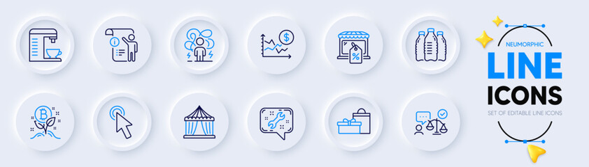 Fototapeta na wymiar Bitcoin project, Coffee machine and Difficult stress line icons for web app. Pack of Dollar rate, Cursor, Gifts pictogram icons. Lawyer, Water bottles, Spanner signs. Market sale. Vector