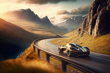 A sports car drives down a long winding road, Generative AI