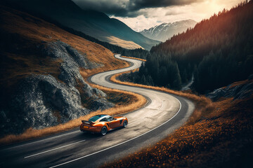 A sports car drives down a long winding road, Generative AI