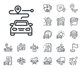 Road path sign. Plane, supply chain and place location outline icons. Journey line icon. Car route map symbol. Journey line sign. Taxi transport, rent a bike icon. Travel map. Delivery truck. Vector