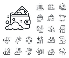 Cash corruption sign. Cash money, loan and mortgage outline icons. Launder money line icon. Tax avoidance symbol. Launder money line sign. Credit card, crypto wallet icon. Vector