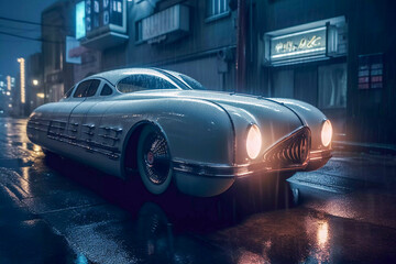 Obraz na płótnie Canvas Retro futuristic car in 50s style on the street in the rain, Generative AI