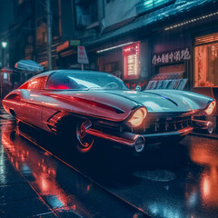 Retro futuristic car in 50s style on the street in the rain, Generative AI