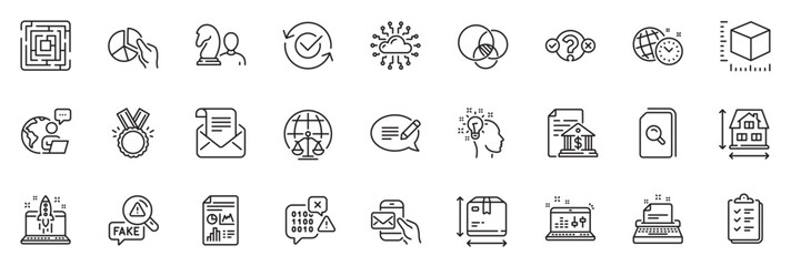 Fototapeta na wymiar Icons pack as Pie chart, Honor and Bank document line icons for app include Idea, Package size, Fake news outline thin icon web set. Binary code, Messenger mail, Start business pictogram. Vector