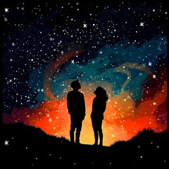 Two people are watching at night sky with stars -illustration 