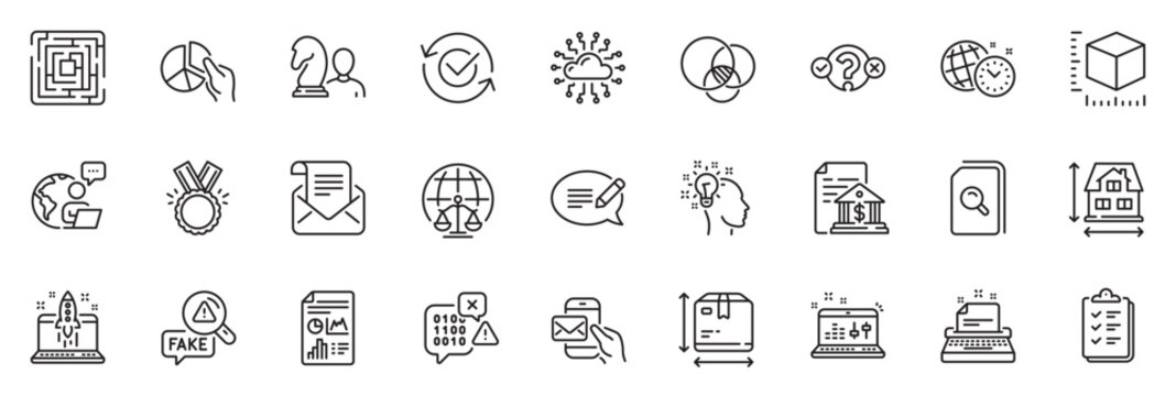 Icons pack as Pie chart, Honor and Bank document line icons for app include Idea, Package size, Fake news outline thin icon web set. Binary code, Messenger mail, Start business pictogram. Vector