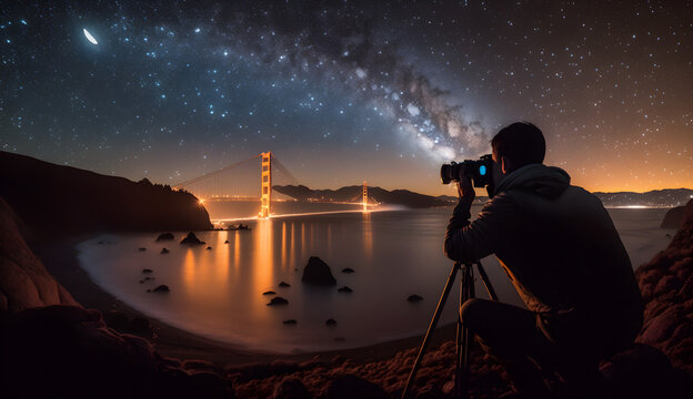 Man Is Taking Photo Of Bridge At Night - Illustration