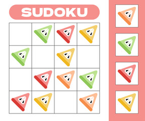 Sudoku 4x4 game for children with sliced colorful apples. Kids activity sheet with fruits. Children puzzle, logical riddle, educational rebus for kids books magazins.