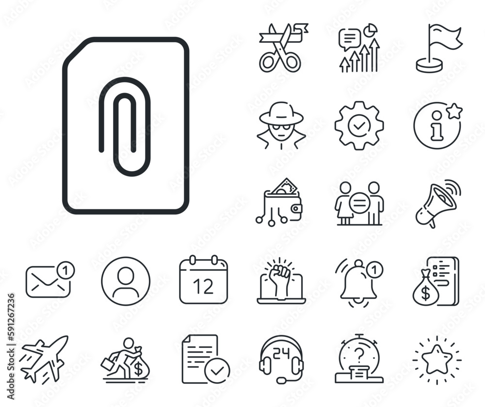 Aufkleber information file sign. salaryman, gender equality and alert bell outline icons. attach document line