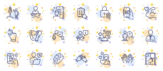 Outline set of Flight mode, Love and Electronic thermometer line icons for web app. Include Medical tablet, Strong arm, Patient pictogram icons. Clapping hands, Touchscreen gesture. Vector