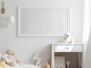 Horizontal big white frame mockup on wall with toys. Empty print template for nursery room. Generative AI - 591267495