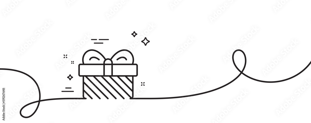 Poster gift box line icon. continuous one line with curl. christmas or new year present sign. surprise symb