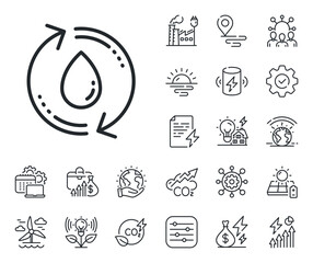 Fototapeta premium Recycle clean aqua sign. Energy, Co2 exhaust and solar panel outline icons. Water drop line icon. Refill liquid symbol. Refill water line sign. Eco electric or wind power icon. Green planet. Vector