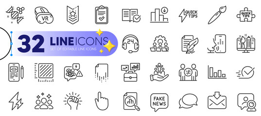 Outline set of Business portfolio, Checklist and Brush line icons for web with Inclusion, Empower, Discrimination thin icon. Vr, Decreasing graph, Quick tips pictogram icon. Phone code. Vector