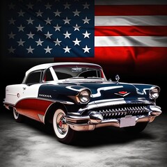 Vintage american sport car with american flag. American automobile industry concept. Generative AI