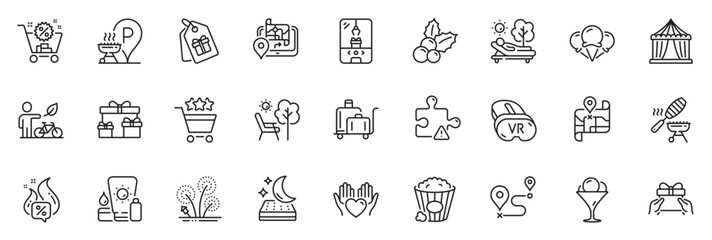 Fototapeta na wymiar Icons pack as Ice cream, Gps and Crane claw machine line icons for app include Lounger, Eco bike, Journey outline thin icon web set. Puzzle, Fireworks, Map pictogram. Mattress. Vector