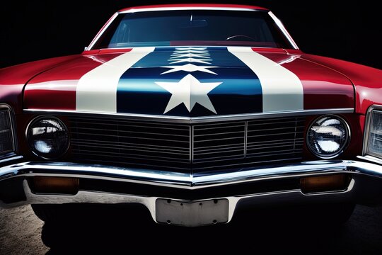 Vintage american sport car with american flag. American automobile industry concept. Generative AI