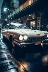 Retro futuristic car in 50s style on the street in the rain, Generative AI