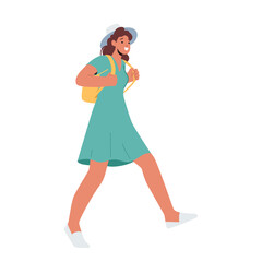 Young Tourist Woman Character Walking With Backpack Isolated on White Background. Image For Travel-related Content
