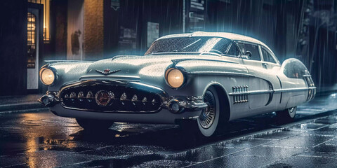 Fototapeta premium Retro futuristic car in 50s style on the street in the rain, Generative AI