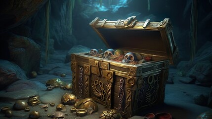 Pirate chest with golden treasures. Generative AI