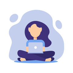 Work and study at home. Flat vector illustration isolated on a white background. A girl with a laptop is working and sitting on the floor