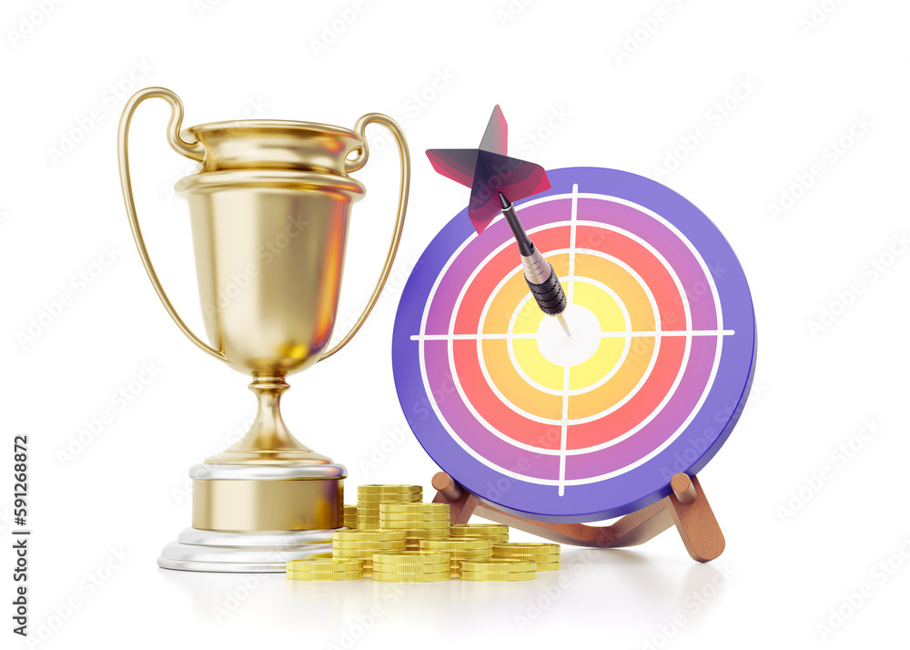 Poster a winner's award. an award cup beside the stacks of coins in front of a dartboard with a dart, which