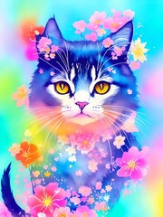 Cat with flowers splash, pastel tetradic colors watercolor