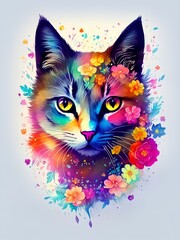 Cat with flowers splash, pastel tetradic colors watercolor
