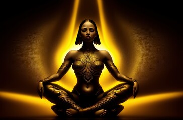 Silhouette of a girl sitting in a lotus position in the rays of golden light. The concept of meditation, self-improvement, exit to the astral plane, activation of the chakras. Generative ai.