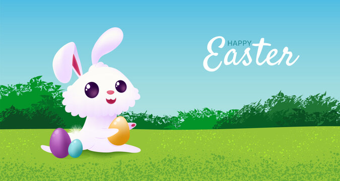 Happy Easter banner with cute bunny and eggs.