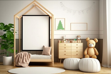 Mockup frame in children room with natural wooden furniture