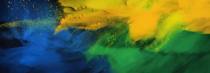 Fotobehang colorful brazilian flag green yellow blue color holi paint powder explosion on isolated white background created with Generative AI technology © pvl0707